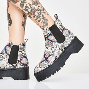 NWOT Colorful Snakeskin Waterproof Platform Chelsea Booties, Size 9